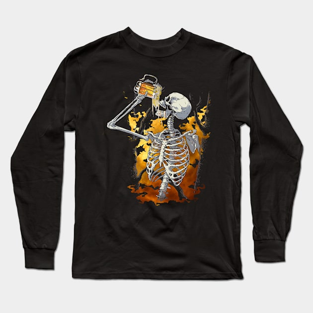 Halloween Beer Drinking Skeleton Skull Long Sleeve T-Shirt by folidelarts